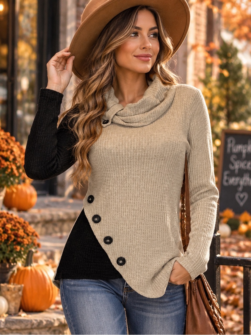 I.N. Studio Asymmetrical Cowl Neck Colorblock Waffle Knit Sweater PS